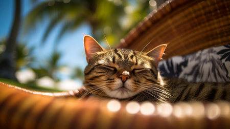 Cute sleepy tabby cat relax under sunshine in a basket on the beach in hot summer, blurred coconut tree and blue sky on the background. Image for summer holidays travel concept. Generative AIの素材
