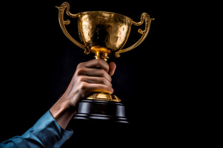 A hand of a man raising golden trophy after winning competition or being a champion isolated on black background with copy space, succees in life and business or sport concept. Generative AIの素材