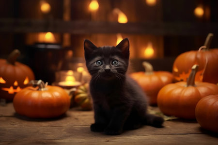 A black kitten look curios around glowing candles and halloween pumpkins, cute cat in autumn season and harvest festival happy halloween concept. Generative AIの素材