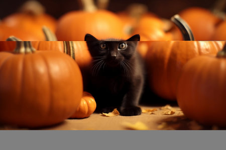 A small black kitten sitting around pumpkin in farmhouse, cute cat in autumn season and harvest festival halloween and thanksgiving concept. Generative AIの素材