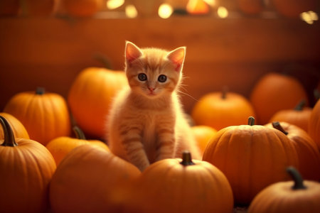 A fluffy orange tabby kitten sitting on pumpkin in farmhouse and beautiful light , cute ginger cat in autumn season and harvest festival halloween and thanksgiving concept. Generative AIの素材