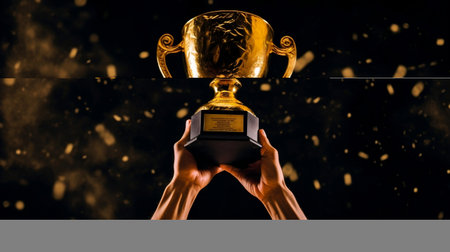 Hands of a man raising golden trophy after winning competition or being a champion with golden confetti explosion on black background, succees in life and business or sport concept. Generative AIの素材