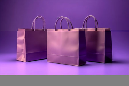 Mock up of a group of three blank purple color shopping bags isolated on purple background. Commercial advertising for fashion product, black friday and halloween promotion discount concept. Generative AIの素材