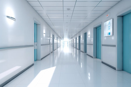Hospital corridor, interior of modern hospital hallway with white wall and blue doors, hygiene and hi-tech science lab, no people healthcare workplace background. Generative AIの素材