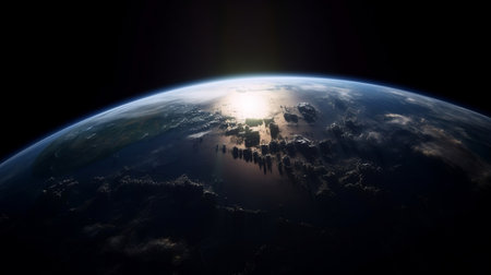 Planet earth at dawn view from outer space, new beginning, exploration and global business concept illustration wiht copy space. Generative AIの素材
