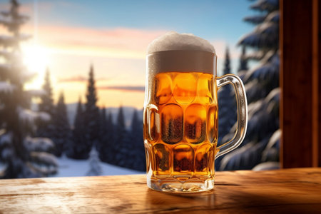 A mug of beer with beer froth on the table, pine trees on snow mountain and sunrise on the background, close up shot with copy space, no people, holiday and drinks concept. Generative AIの素材
