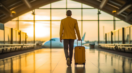 A man holding suitcase at the airport departure hall while sunrise, travel and tourism concept. Generative AIの素材
