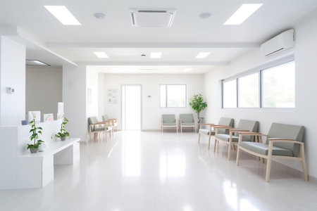 Hospital reception and lobby lounge, white colored modern medical office interior, dental clinic, aesthetics clinic, healthcare and insurance 3D background. Generative AIの素材