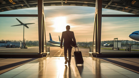 A buisnessman holding luggage at the airport departure gate while sunrise, journey and tourism concept. Generative AIの素材