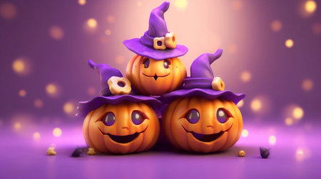 Cute Halloween pumpkins wearing witch hats smiling on purple background 3D illustration. Generative AIの素材