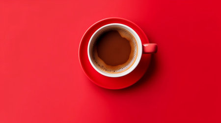 A cup of hot coffee isolated on red background, top view close up shot with copy space, . Generative AIの素材