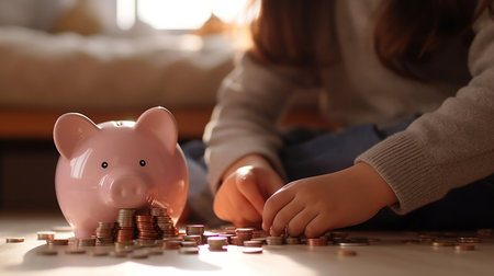 Little girl hands counting money, pink piggy bank and stack of coin on the floor, child learning to save money for future concept background. Generative AIの素材