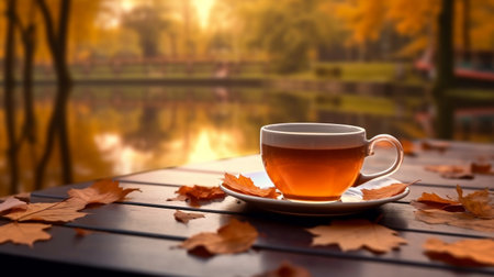 A cup of hot tea and maple leaves on wooden table with blurred autumn forest park and pond in the morning, calm and relaxing autumn background with copy space, no people. Generative AIの素材