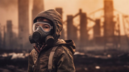 Boy wearing gas mask protecting herself from air pollution in the city in future, blurred factory and smog on the background, environmental health and air pollution concept. Generative AIの素材