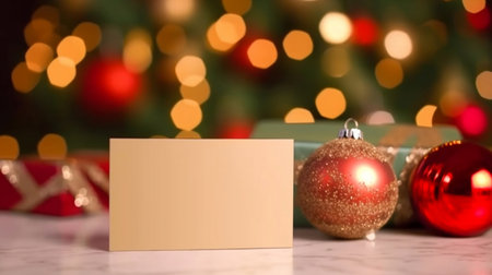 Mockup blank gold paper note greeting card, space for text with red baubles and gift box on blurry Christmas tree background, Chirstmas and new year background. Generative AIの素材