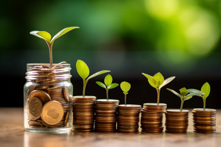Stacks of coins and savings jar with tree sprouts on the top, save money for future, growth investing, profit symbol and environmental sustainability concept background with copy space. Generative AIの素材