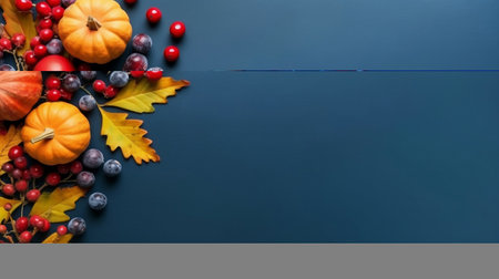 Pumpkin and berries autumn harvest and leaves on navy blue background, top view, celebrated Thanksgiving and Halloween autumn background with copy space. Generative AIの素材