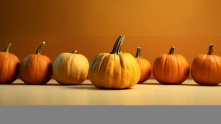 Pumpkins lining up isolated on orange color background, fall harvest, Thanksgiving and Halloween concept minimal style autumn background. Generative AIの素材
