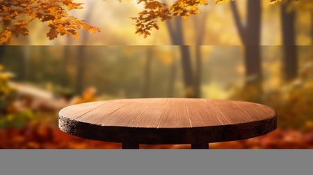Rustic product display or wooden table and blurred autumn forest with colorful leaves, fall season landscape autumn background layout with copy space. Generative AIの素材