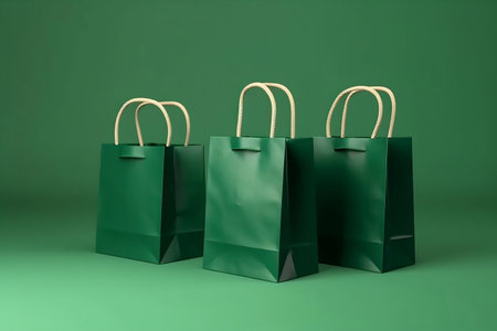 Three green paper shopping bags isolated on green background, mock up, no brand, product advertising, online shopping promotion. Generative AIの素材