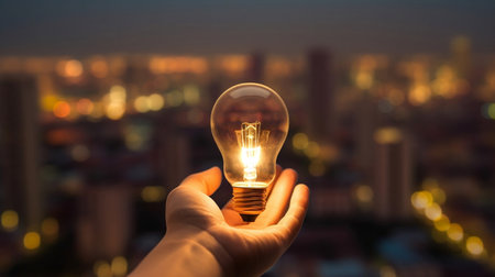 Hand holding glowing light bulb and city at night, idea and energy saving concept. Generative AIの素材
