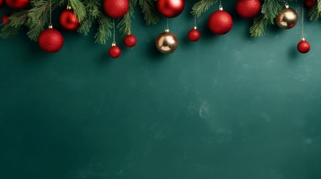 Red and gold Christmas ornaments, garland on green background, top view, Christmas background. Generative AIの素材