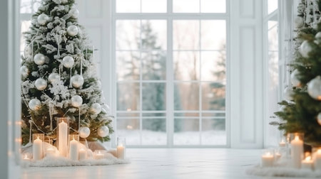 Beautiful Christmas tree and ornaments near window in living room, Christmas background with copy space. Generative AIの素材