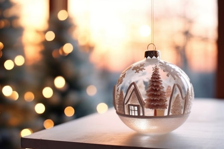 Close up image of beautiful bauble and blurred glowing Christmas tree on the background, Christmas background. Generative AI.の素材