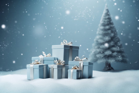 Christmas tree and green gift boxes while snowing, cute 3D illustration, Christmas background. Generative AIの素材