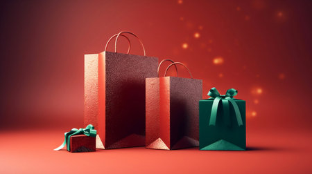 Mock up of red paper shopping bags and gift box with green ribbon isolated on red background with bokeh, New year and Christmas gift, online shopping promotion. Generative AIの素材