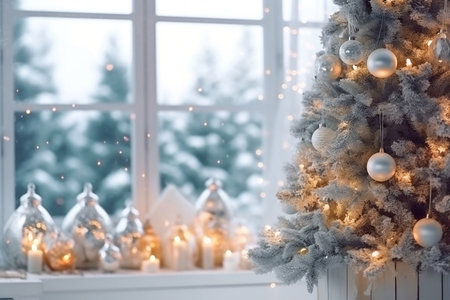 Beautiful Christmas tree and ornaments near window in living room, Christmas background with copy space. Generative AIの素材