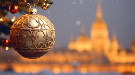 Close up image of beautiful bauble on Christmas tree and blurry illuminated city view, Christmas background. Generative AI.の素材