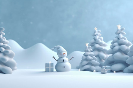 Snowman and Christmas tree with snow 3D illustration, cute Christmas background. Generative AIの素材