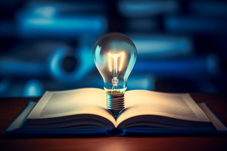 Glowing light bulb on a book, power of knowledge, inspiration from reading and learning concept. Generative AIの素材