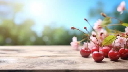 Fresh cherries and cherry blossom on wooden table and blurred cherry orchard on the background, mock up product display wooden board. Generative AIの素材
