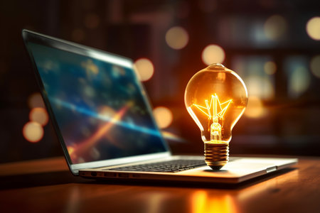 Glowing light bulb on laptop computer, working with creativity and brainstorming idea concept background. Generative AIの素材