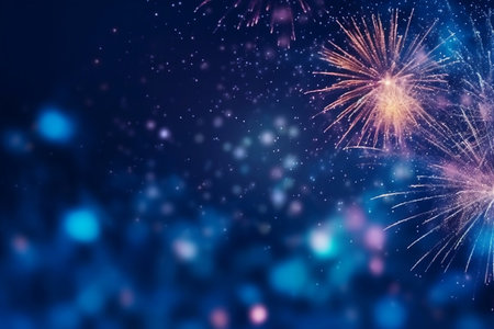 Purple fireworks on dark blue sky, celebration and happy new year concept abstract background illustration. Generative AIの素材
