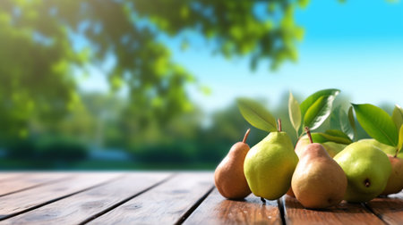 Fresh pears on wooden table and blurred organic farm on the background, space for display product. Generative AIの素材