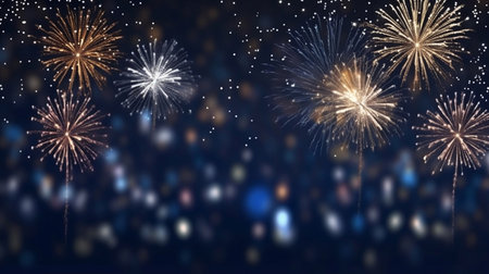 Golden fireworks on dark blue sky, celebration and happy new year concept abstract background illustration. Generative AIの素材