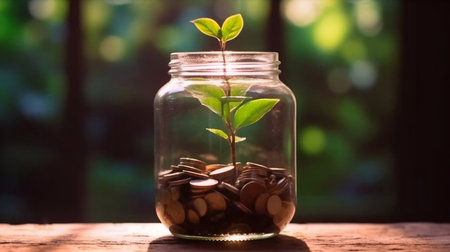 Young plant growing from coins in savings jar, saving money for future, grow wealth through investing and sustainability concept. Generative AIの素材