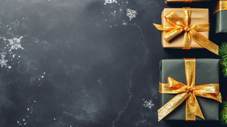 Black and gold gift boxes on black background, Black friday sale promotion background. Generative AIの素材