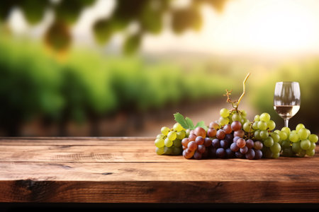 Fresh red and green grapes with a glass of wine on wooden table and blurred vineyard background, space for display product. Generative AIの素材