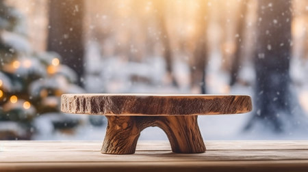 Mockup of empty wooden display, log product stand with blurred snow forest in morning sunlight, peaceful winter background. Generative AIの素材