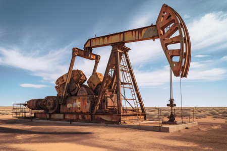 Oilfield with pump jack with beautiful sky in sunny day, oil and gas industry. Generative AIの素材