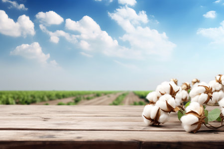 Raw cotton on the wooden table at organic farm background. Generative AIの素材