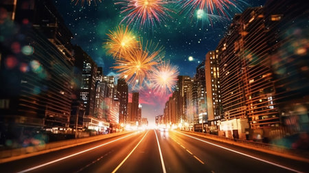 Beautiful fireworks display downtown cityscape with road, celebration and count down to new year concept illustration. Generative AIの素材