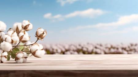 Raw cotton on the wooden table at organic farm background. Generative AIの素材