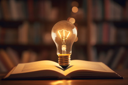 Glowing light bulb on a book, power of knowledge, wisdom from reading and learning concept. Generative AIの素材