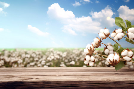 Raw cotton on the wooden table at organic farm background. Generative AIの素材