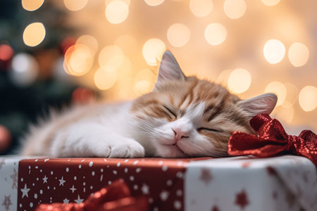 Cute ginger cat sleeping on gift box near Christmas tree with light bokeh background, Christmas with pet concept. Generative AIの素材
